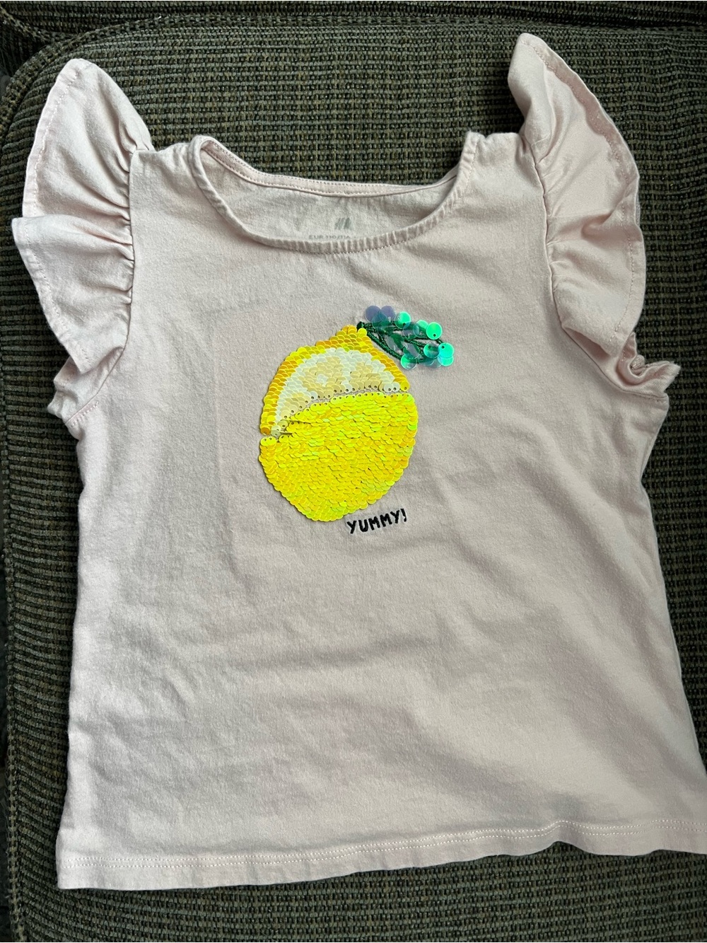 H&M Pale Pink Flutter Sleeve Tee with Yellow Sequin Lemon